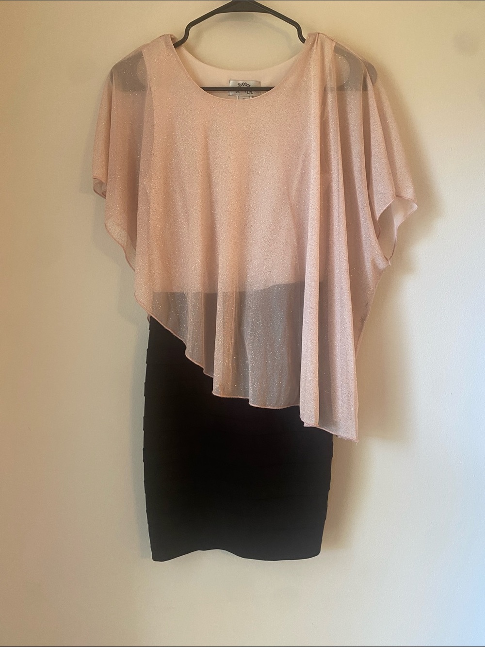 Pink Sheer Asymmetrical Overlay Dress with Black Skirt